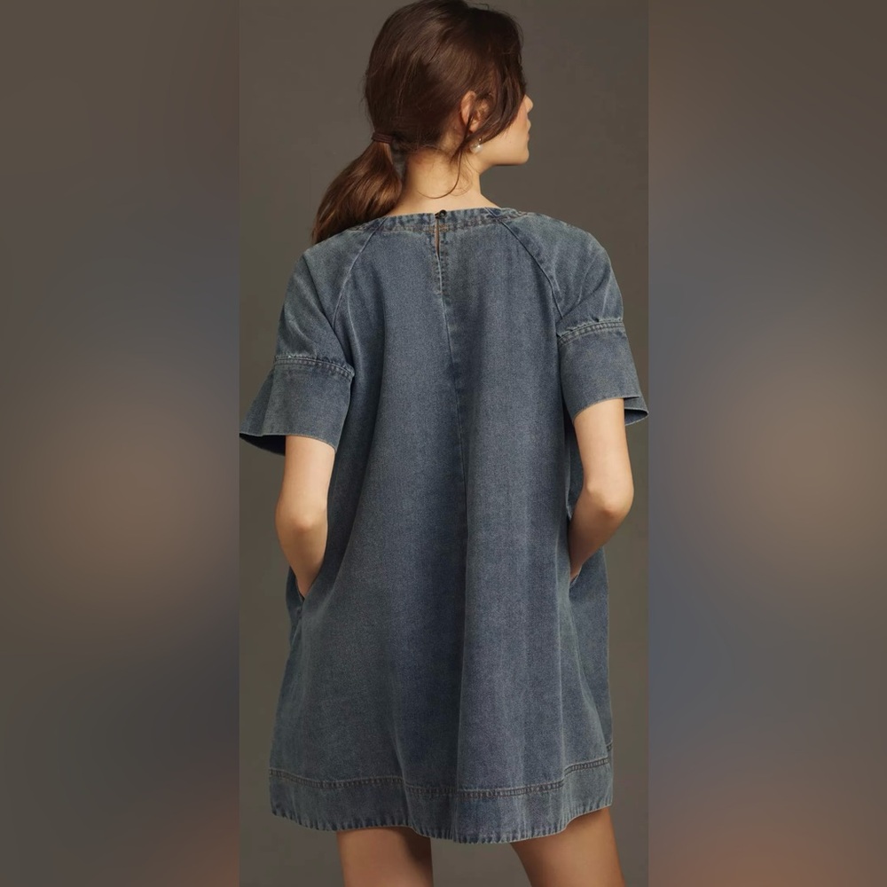Anthropologie Porridge Short-Sleeve Denim Swing Mini Dress - Picture 2 of 13